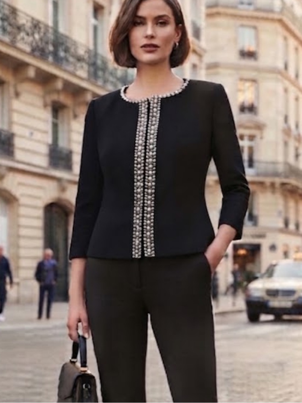 Tahari Lux Black Pearl Trim Blazer Structured Jacket Elegance